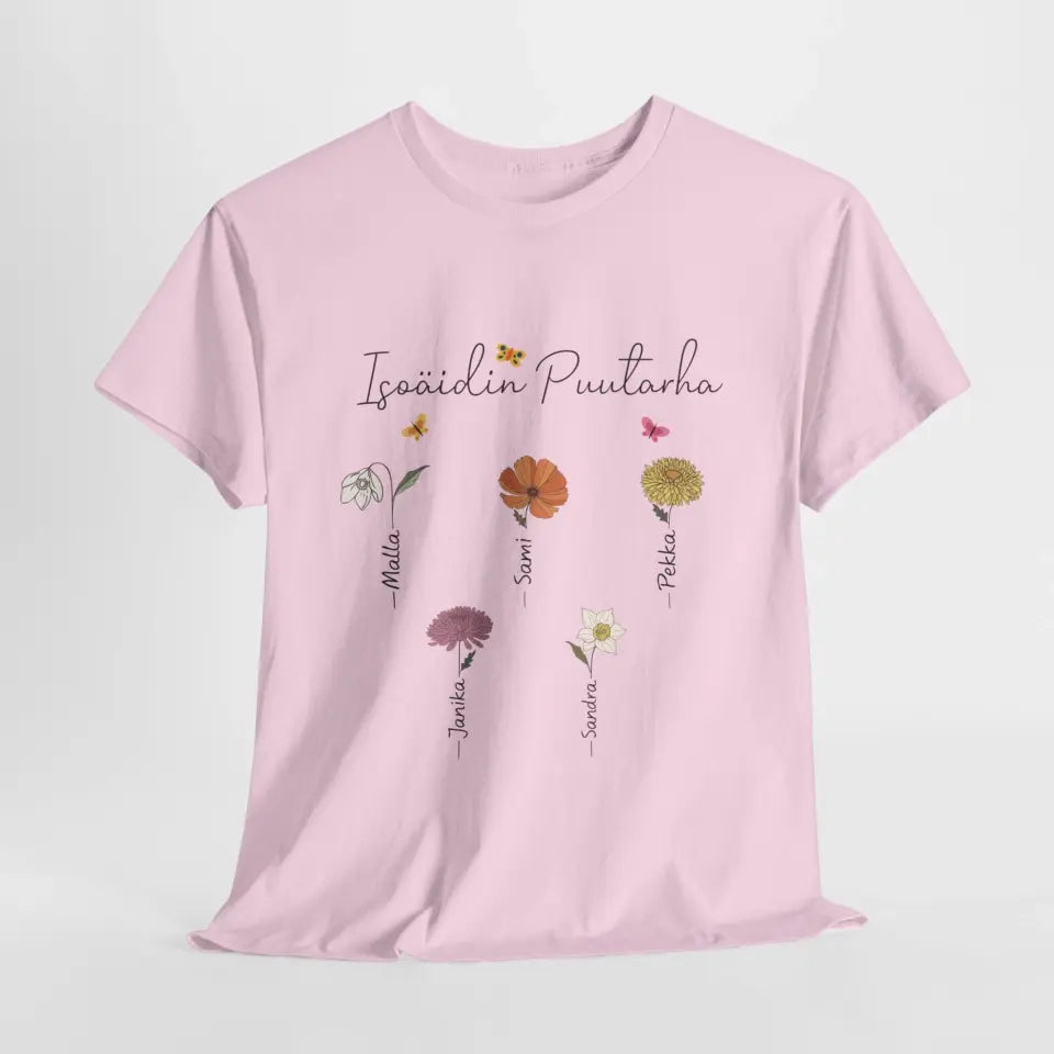 Isoäidin Puutarha – Persoonallinen paita lastenlasten syntymäkukilla